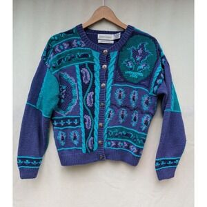 Robert Scott Hand Knit Cardigan Womens M Purple Teal Cable Bobble Metal Button